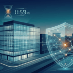 Kantoorgebouw met digitaal beveiligingsschild en aflopende klok, symbool voor de NIS2 Cyberbeveiligingswet die op 15 augustus 2026 ingaat