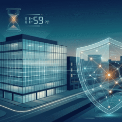 Kantoorgebouw met digitaal beveiligingsschild en aflopende klok, symbool voor de NIS2 Cyberbeveiligingswet die op 15 augustus 2026 ingaat