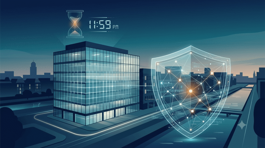 Kantoorgebouw met digitaal beveiligingsschild en aflopende klok, symbool voor de NIS2 Cyberbeveiligingswet die op 15 augustus 2026 ingaat
